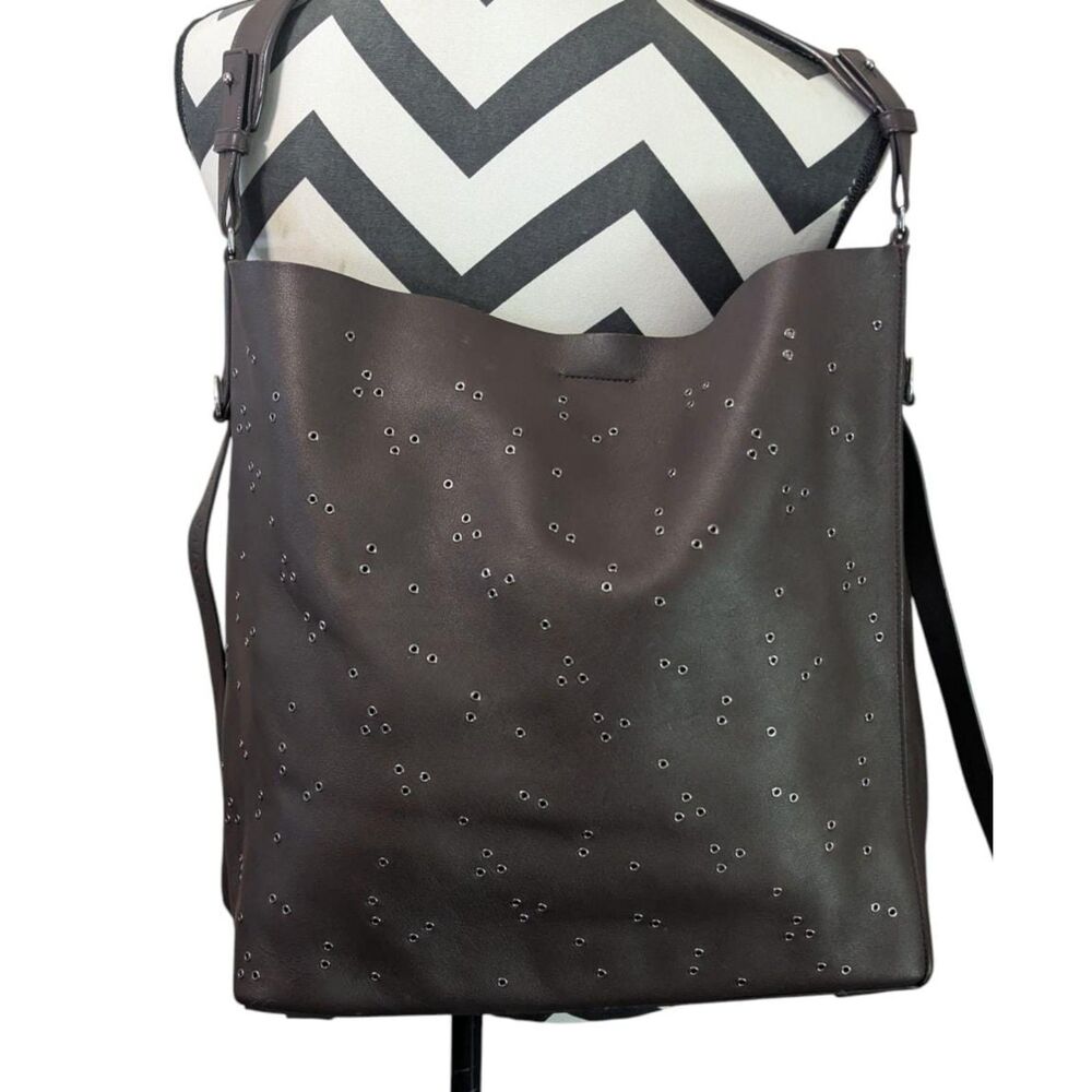 AllSaints Junai Leather Tote Crossbody Bag Brown Studded Studs Shoulder Hobo